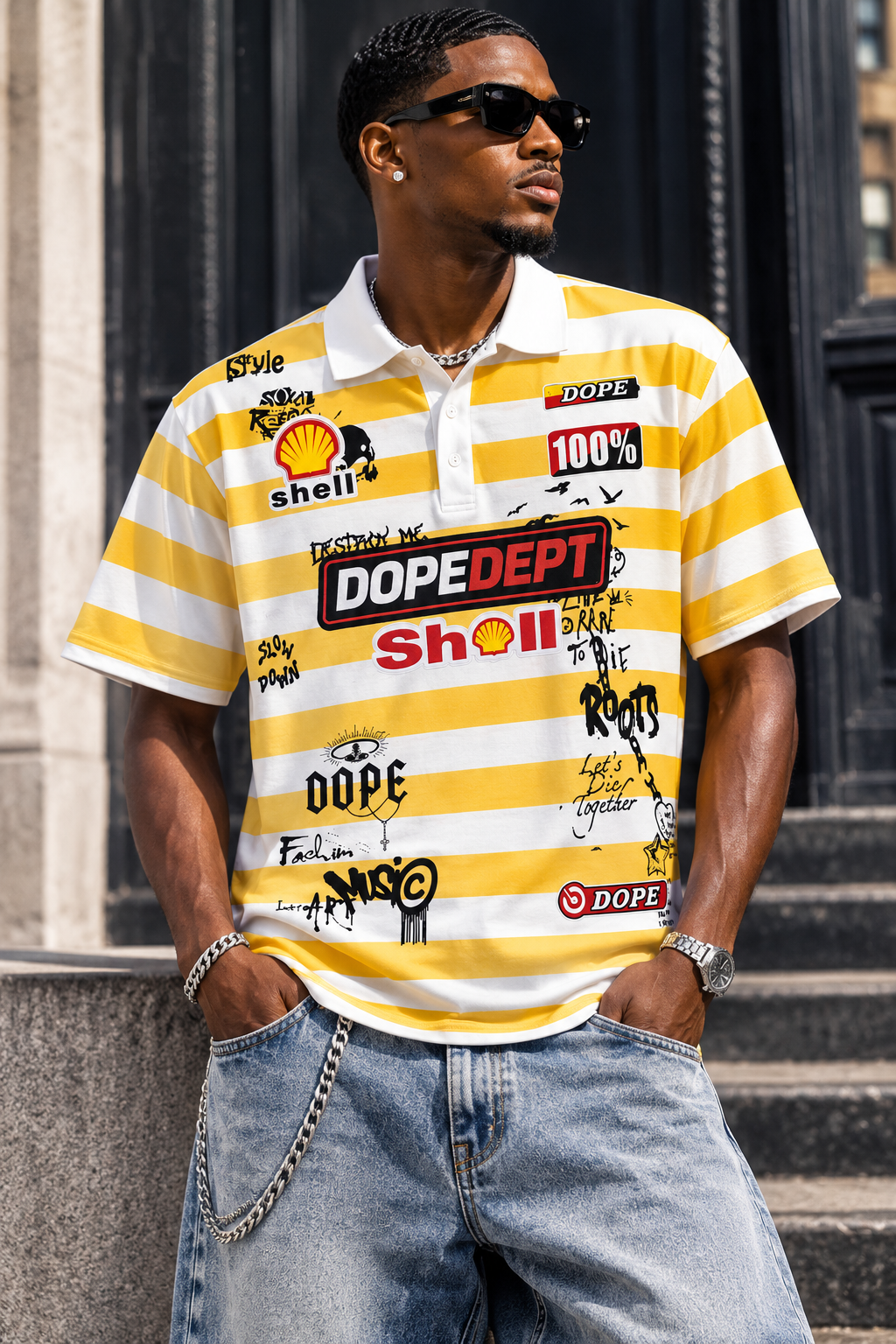 Dope Dept. Yellow & White Striped Graphic Polo