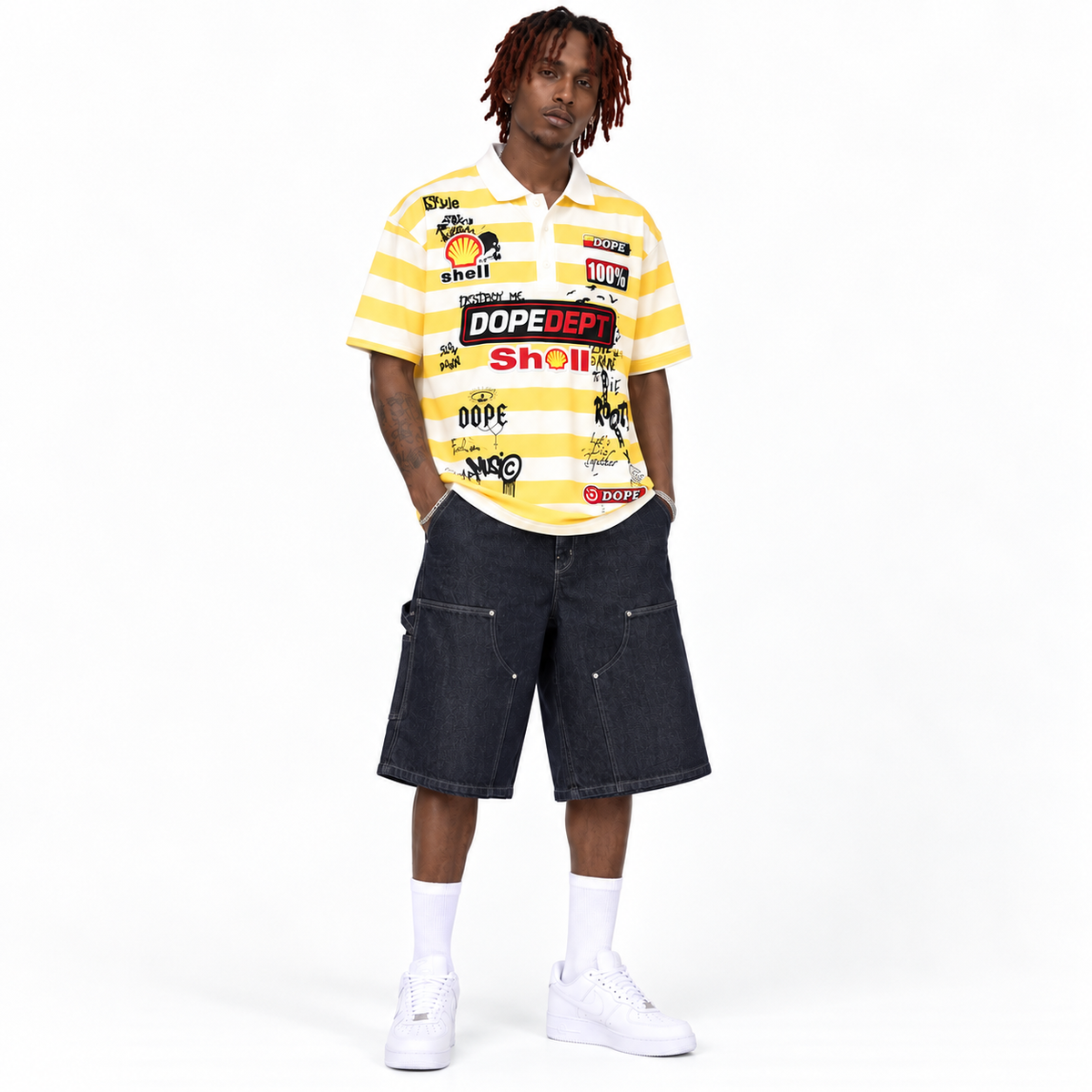Dope Dept. Yellow & White Striped Graphic Polo