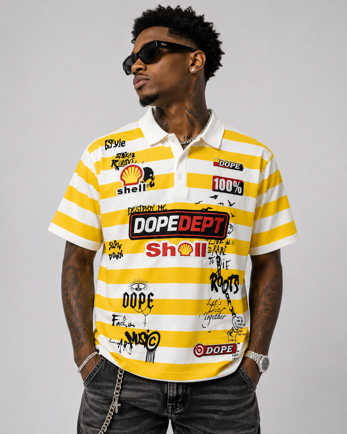 Dope Dept. Yellow & White Striped Graphic Polo