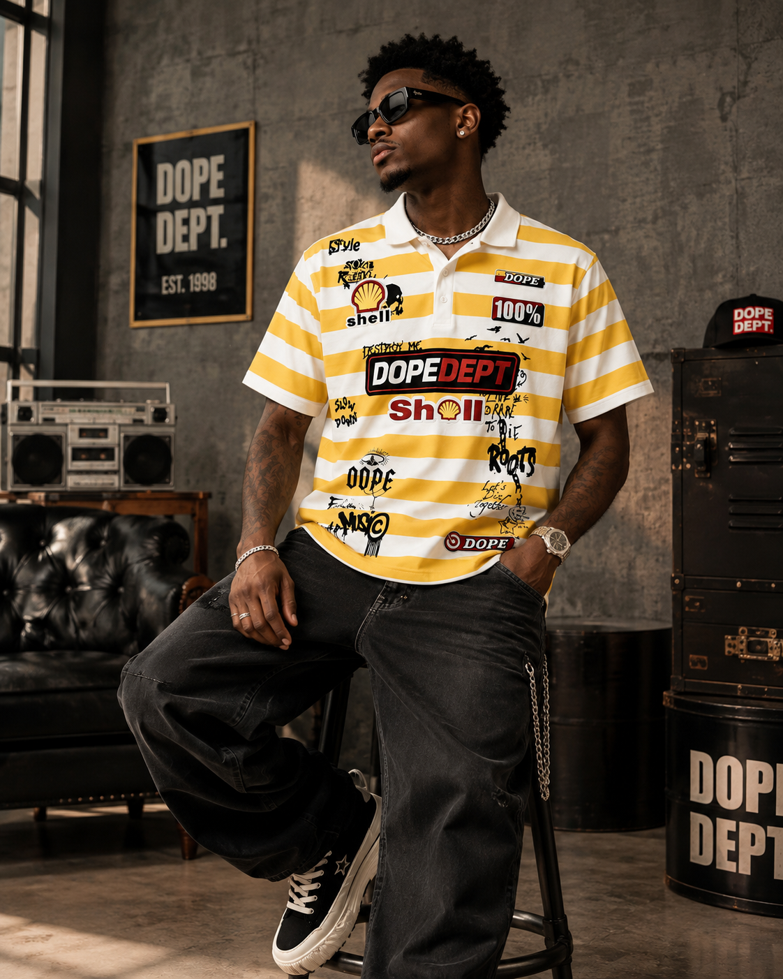 Dope Dept. Yellow & White Striped Graphic Polo