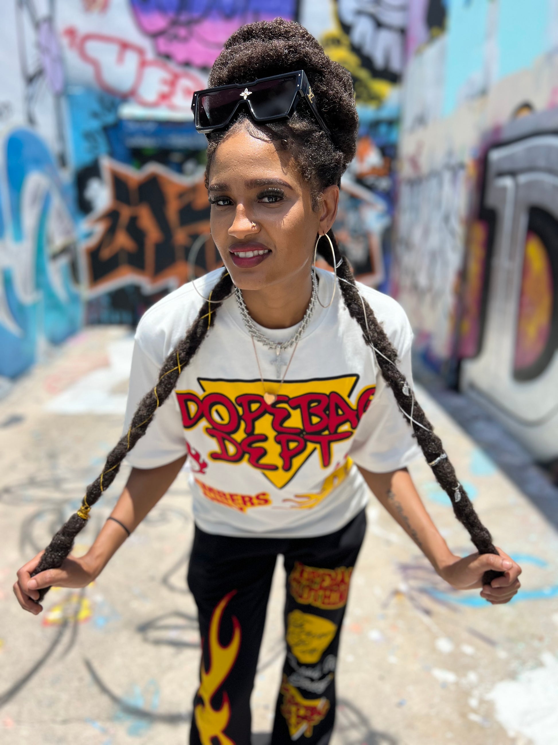 streetwear graphic t shirt and flame pants set miami